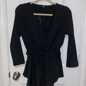 black medium v neck top. cinch at waist is adjustable. SHEIN.